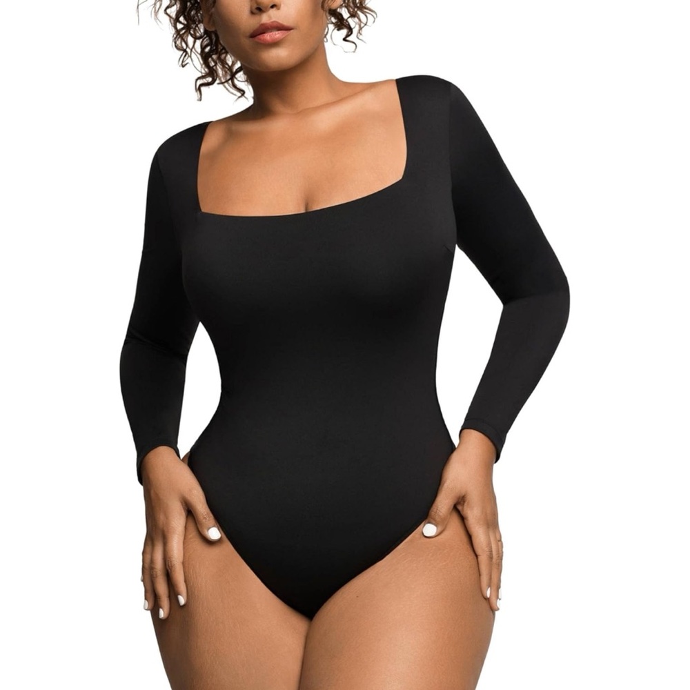 Popilush Black Square Neck Shapewear Bodysuit Long Sleeve Top XL Built In Bra